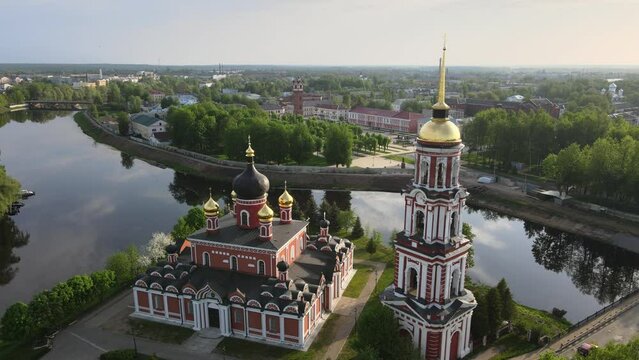 Staraya Russa. Russia. City center river. Water tower. Aerial view.