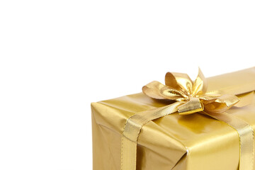 Gift box with golden bow isolated on white
