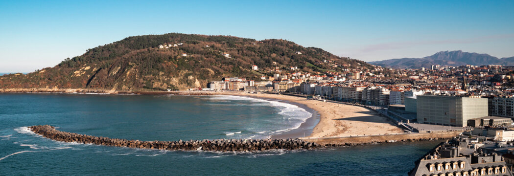Panoramic view of Zurriola Beach in San Sebastian, Donostia, Spain.