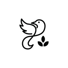 Abstract flying bird logo with leaves. Outline bird silhouette logo