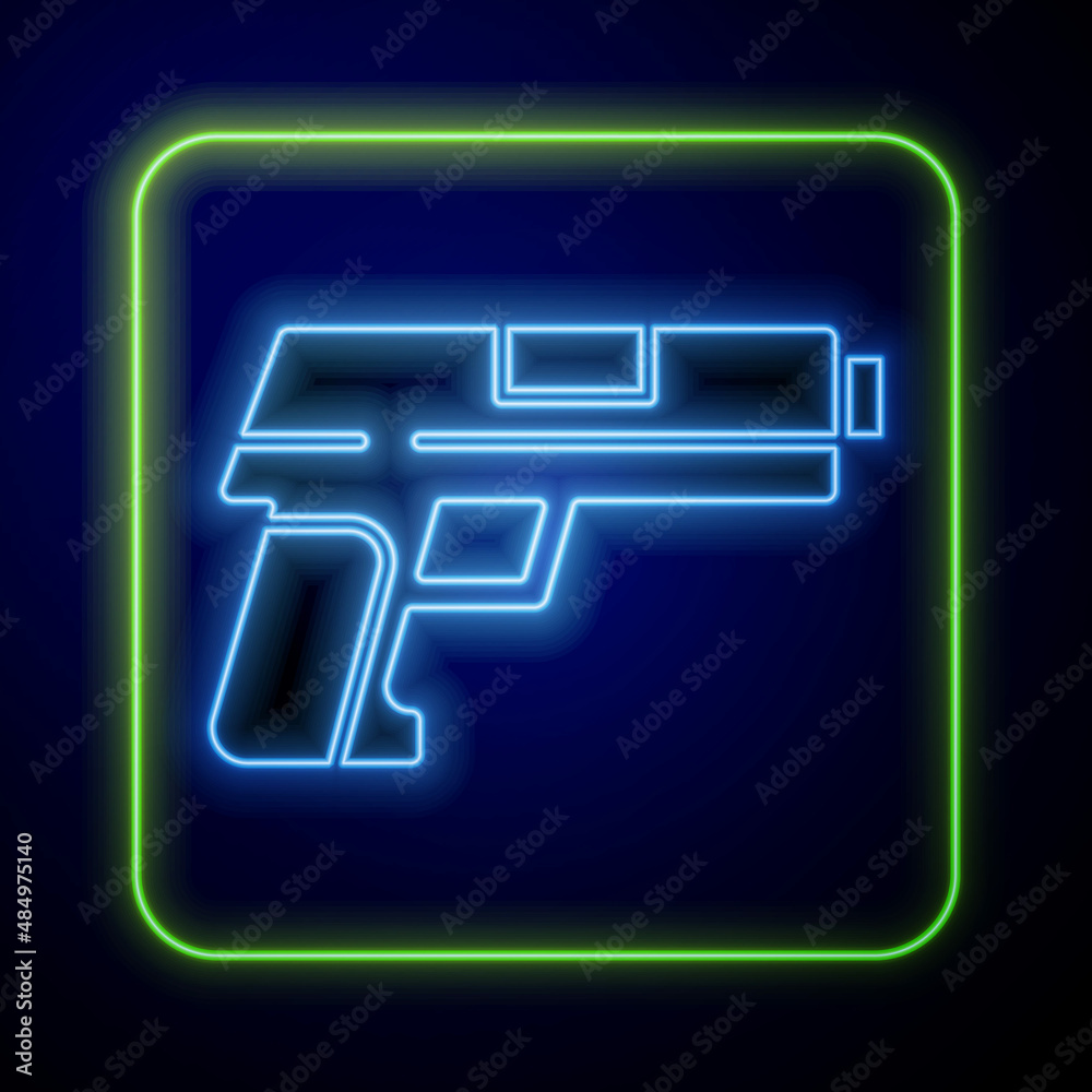 Poster glowing neon pistol or gun icon isolated on blue background. police or military handgun. small firea