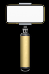 Realistic smartphone with blank white screen and selfie stick isolated on black