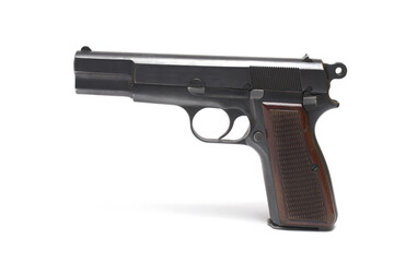 white background semi-automatic pistol wooden grip