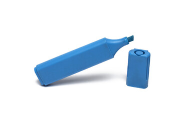 Closeup blue textmarker highlighter highlighting white background