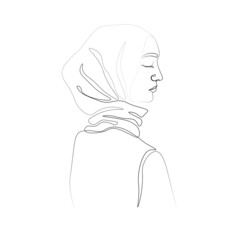 Continuous line driving of a Muslim woman's facial profile sen from the side. Vector illustration isolated on white background, line art. © Оксана Омельченко