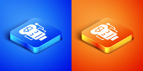 Isometric Robot low battery charge icon isolated on blue and orange background. Artificial intelligence, machine learning, cloud computing. Square button. Vector