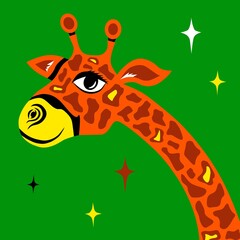 Giraffe head. Cheerful fabulous giraffe. Print for t-shirt or children's clothing print. Bright print. African giraffe.
