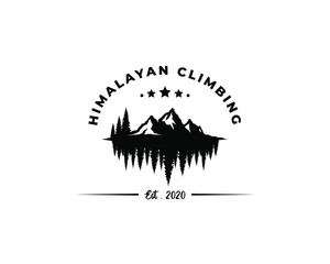 himalaya climbing logo. Himalaya mountain logo. Pine forest silhouette logo - obrazy, fototapety, plakaty