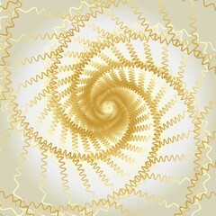 Distorted abstract lines, wireframe tunnel. The gold wave spiral twists wavy lines on the white gold background.