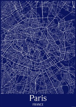 Dark Blue map of Paris France.