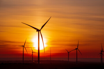 wind turbines at sunset