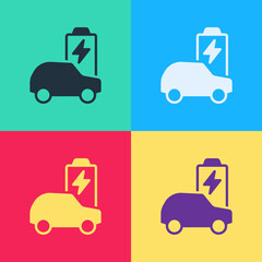Pop art Electric car and electrical cable plug charging icon isolated on color background. Renewable eco technologies. Vector
