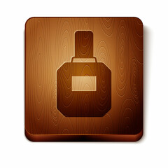 Brown Aftershave icon isolated on white background. Cologne spray icon. Male perfume bottle. Wooden square button. Vector