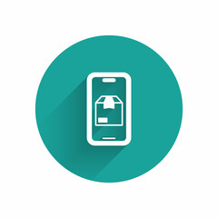 White Mobile smart phone with app delivery tracking icon isolated with long shadow background. Parcel tracking. Green circle button. Vector