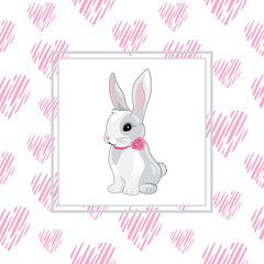 Cute happy rabbit in a frame with pink hearts. Design for scrapbook