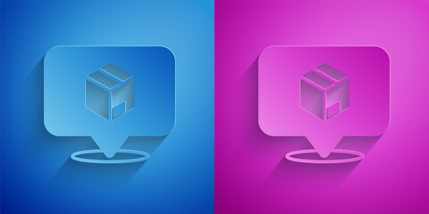 Paper cut Location with cardboard box icon isolated on blue and purple background. Delivery services, logistic and transportation, distribution. Paper art style. Vector