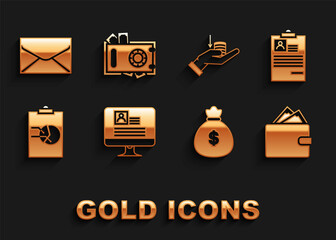 Set Computer monitor with resume, Clipboard, Wallet stacks paper money cash, Money bag, graph chart, hand, Envelope and Safe icon. Vector