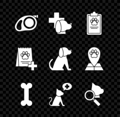 Set Retractable cord leash with carabiner, Veterinary clinic symbol, Clipboard medical clinical record pet, Dog bone, Bag of food for dog and icon. Vector