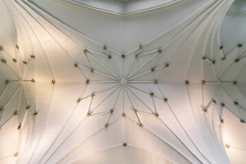 White vaulted ceiling of an ancient gothic catholic church