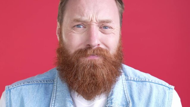 Close up disappointed guy amazed message isolated shine color background