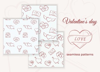 red and white valentines seamless pattern set. romantic and love background. valentine's day design