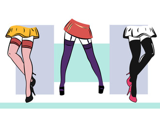 Poster set of woman in mini skirt and stockings. Female fashion vector illustration sketch.