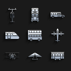 Set Double decker bus, Hang glider, Old city tram, retro vintage plane, Train, School Bus and Bicycle icon. Vector