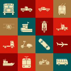 Set Bus, Plane, Delivery cargo truck vehicle, Sedan, Fishing boat, Old retro vintage plane, School and Scooter icon. Vector