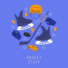 A set of things for hockey competitions. Men's skates, gloves and helmet. Stick and puck. Everything for sports competitions
