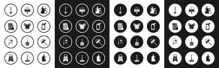 Set Plastic bottles for liquid dishwashing liquid, Trash can and garbage bag, Toilet brush, Vacuum cleaner, Squeegee, scraper, wiper and Shower head with water drops flowing icon. Vector