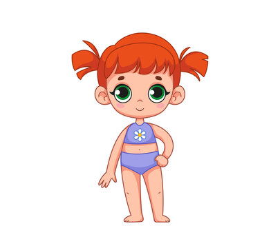 Cute little redhead girl in a bathing suit. Children's illustration of a child. Vector illustration in cartoon childish style. Isolated funny clipart. Cute baby print on vacation at the beach.
