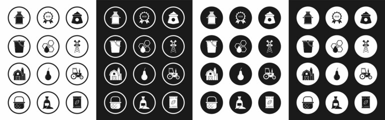 Set Bag of flour, Honeycomb, Bucket, Can container for milk, Windmill, Banner, label, tag, logo eco, Tractor and Farm House concept icon. Vector