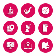 Set Radar, Laptop with location marker, Folded map, Infographic of city navigation, Monitor and folded, Map pointer house, Paper airplane and silhouette person icon. Vector