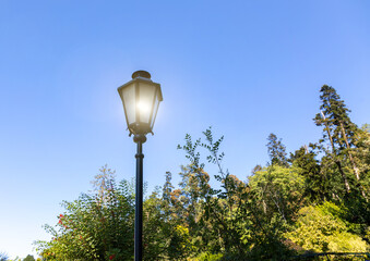 classic cast iron lantern in a summer park against a blue sky