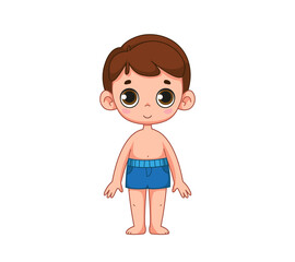 Obraz premium Cute cute boy with big eyes is standing in blue swimming trunks or shorts. Children's illustration of a child. Vector illustration in cartoon childish style. Isolated funny clipart. cute baby print.
