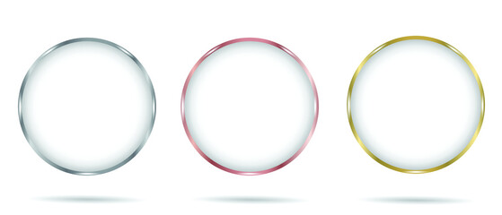 Golden, silver and bronze round  frames isolated on white background. Vector frame and banner illustration. Podium frames. Shining 3d realistic signboard banners set. 