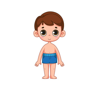 Cute cute boy with big eyes is standing in blue swimming trunks or shorts. Children's illustration of a child. Vector illustration in cartoon childish style. Isolated funny clipart. cute baby print.