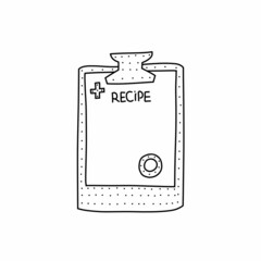 Hand drawn vector illustration of medical recipe icon in doodle style. Cute illustration of medical recipe pad on white background.
