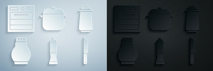 Set Pepper, Salt and pepper, Knife, Cooking pot and Oven icon. Vector