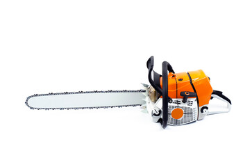 Chainsaw. On white background. Tire, chainsaw chain. Woodworking tool.