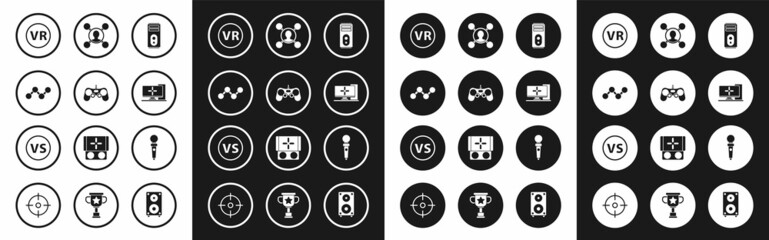 Set Computer, Gamepad, Share, Virtual reality glasses, monitor, Joystick for arcade machine and VS Versus battle icon. Vector