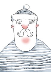 hand drawn caricature of funny sailor man isolated on white