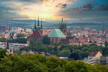 Panorama of the Thuringian city of Erfurt with the cathedral at an interesting sunset