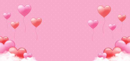 Valentine is day background with red and pink heart balloon and white cloud. Pink background with dot pattern.