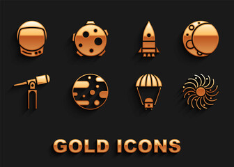 Set Planet Mars, Moon, Black hole, Space capsule and parachute, Telescope, Rocket ship, Astronaut helmet and icon. Vector