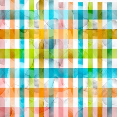  Green,yellow,blue,pink and white striped seamless plaid pattern with hand drawn brush strokes. Watercolour Cellular, checkered design. Watercolour slash plaid texture 