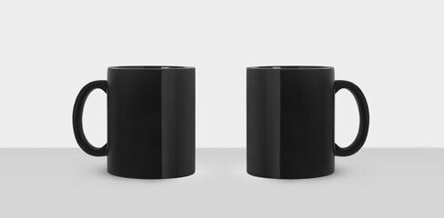 Black ceramic mugs on white background, banner design. Mockup for design