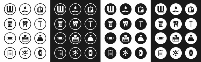 Set Bottles for cleaning agent, Broken tooth, Medicine bottle, Towel stack, Shaving razor, Washing hands with soap, Garbage bag and Medical protective mask icon. Vector