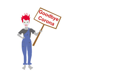 Corona goodbye junge Frau hält ein Plakat als Illustration zum Ende der Pandemie, angepisster Blick
