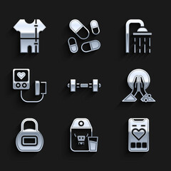 Set Dumbbell, Paper package for milk, Mobile with heart rate, Meditation, Kettlebell, Blood pressure, Shower head and Sport track suit icon. Vector